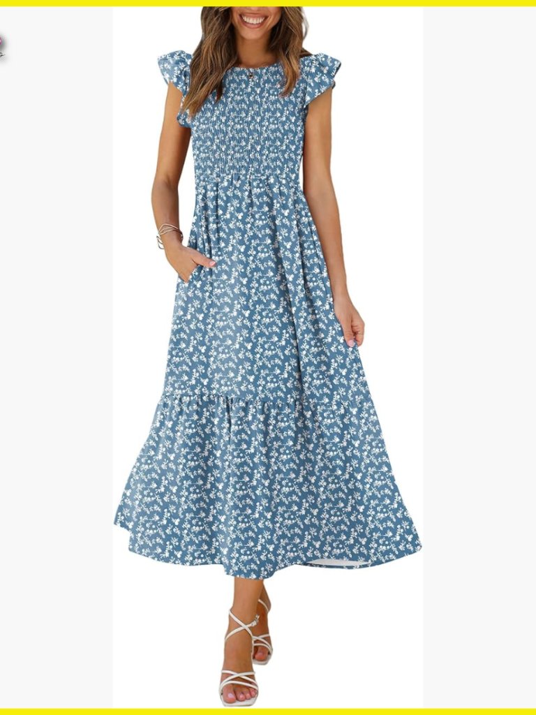 Ruffle Sleeve Smocked Maxi Dress With Pockets Elegant Formal Chic